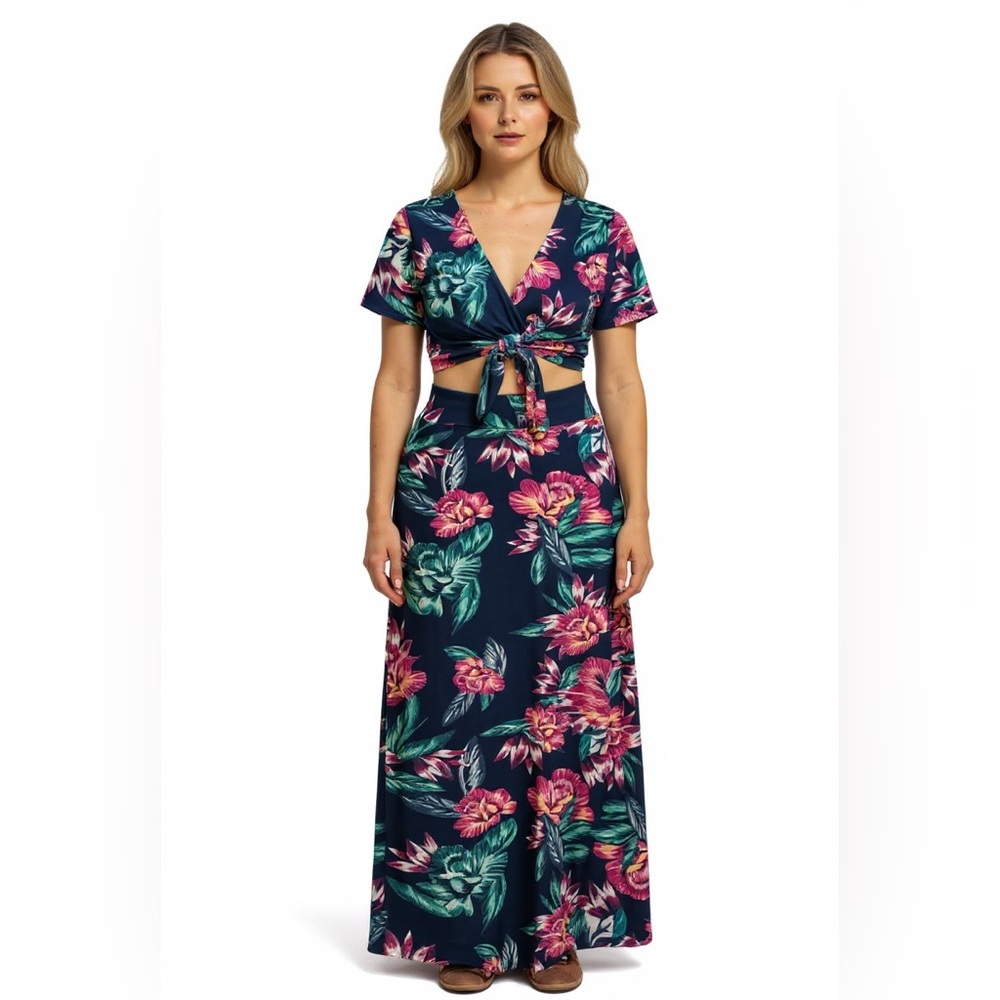 Tropical Floral Navy Pink Green Wrap Crop Top and Maxi Skirt Set Size Large